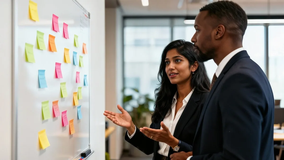 Tableau blanc avec schémas financiers et post-it pour planifier le financement