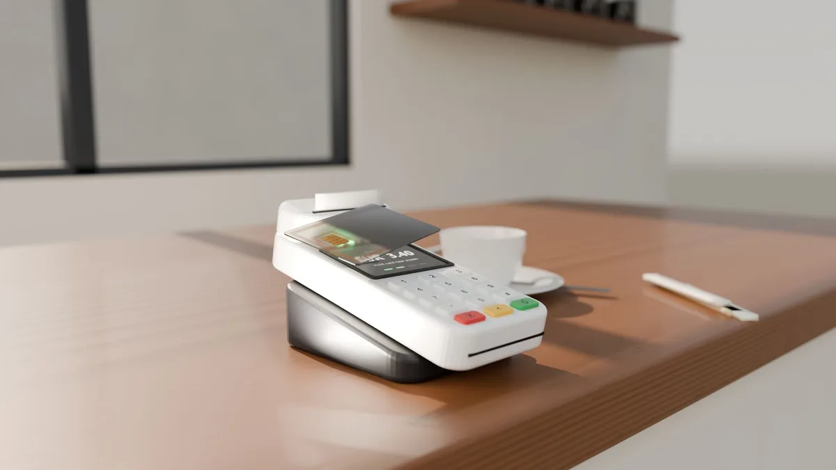 Comptoir de commerce sédentaire avec terminal de paiement et reçu sur la caisse